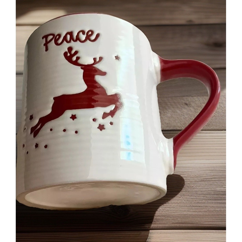 Red And White Reindeer Peace Christmas Holiday Ceramic Embossed Mug Cup 4"